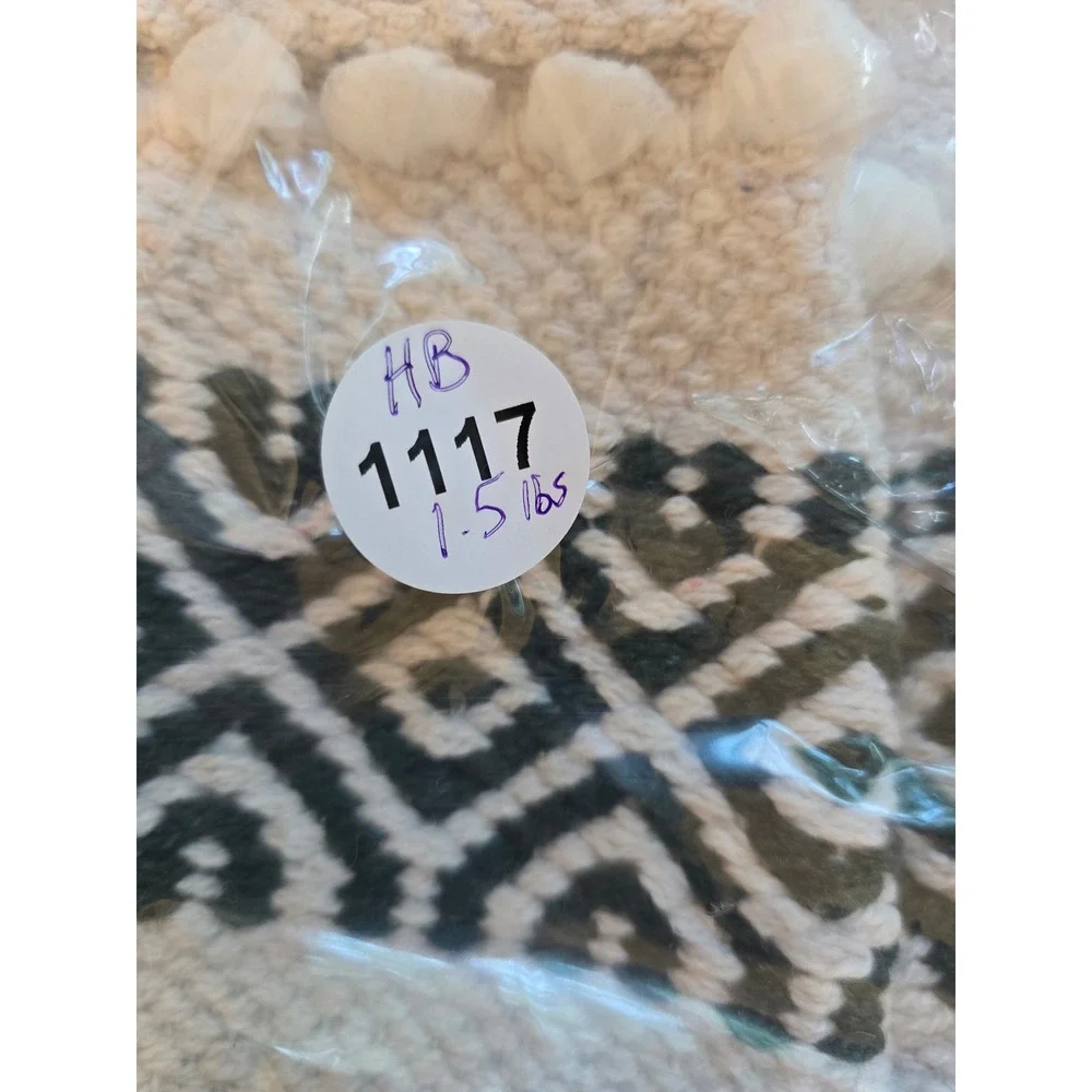 Raj XL Women Woven Cotton Boho Tote Bag Green White Geometric Fringe Pom Pom NEW